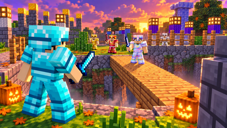 Blocky diamond-armored player with a sword on a bridge with jack-o-lanterns, other players behind.