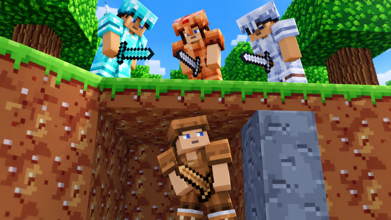 Three armored players look down into a dirt pit at a leather-armored player hiding below.